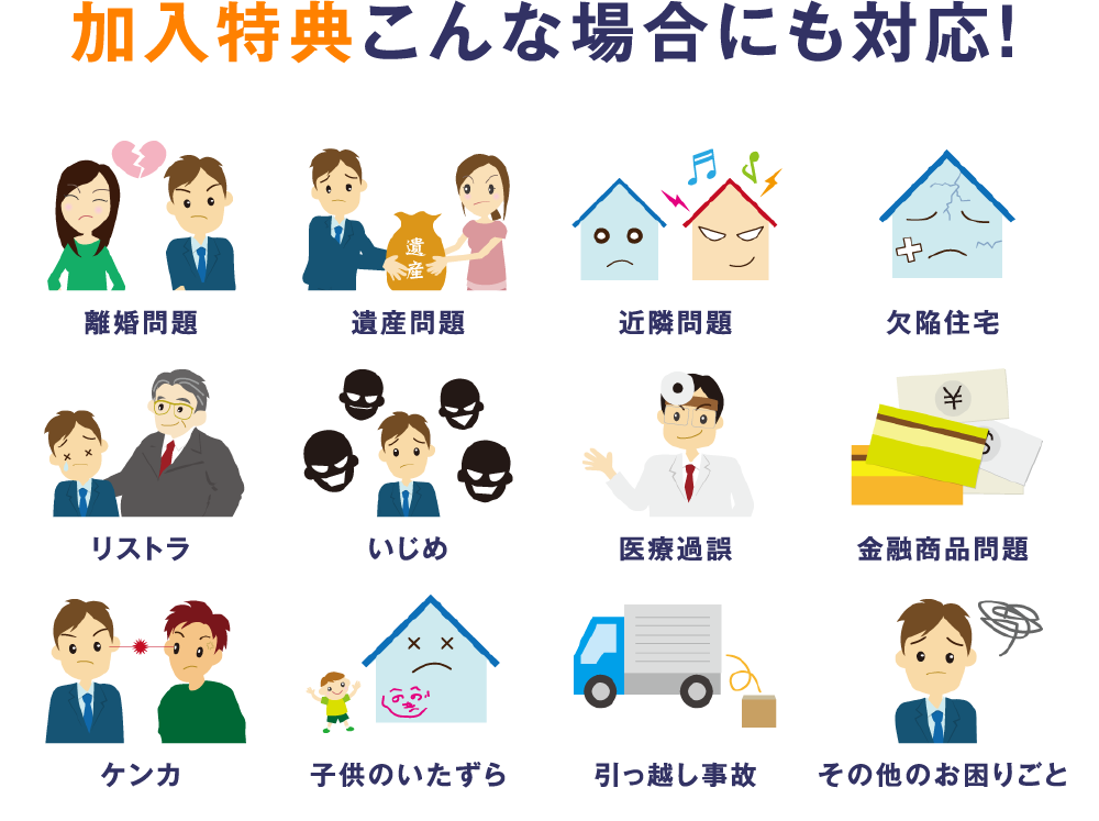 加入特典こんな場合にも対応!離婚問題　遺産問題　近隣問題　欠陥住宅　リストラ　いじめ　医療過誤　金融商品問題　ケンカ　子供のいたずら　引っ越し事故　その他のお困りごと
