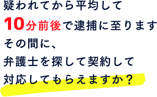 疑われてから平均して10分前後で逮捕に至ります。その間に、弁護士を探して契約して対応してもらえますか？